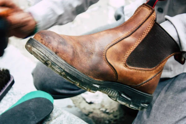 Катманду Непал Августа 2018 Года Крупный План Непальского Полировщика Обуви — стоковое фото