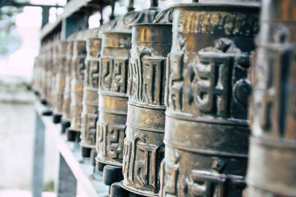 Katmandú Nepal Agosto 2018 Vista Las Ruedas Oración Tibetanas Templo — Foto de Stock