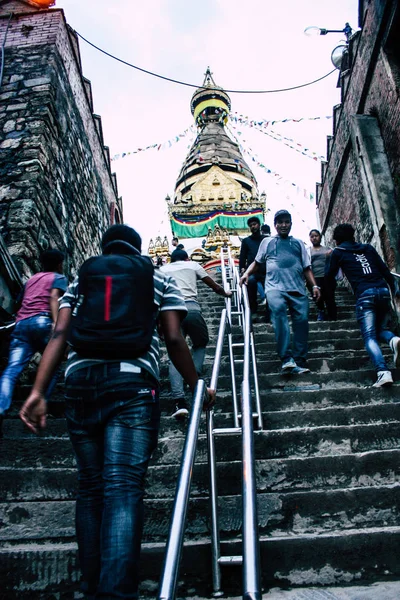 Kathmandu Nepál Augusztus 2018 Ban Kilátás Nyílik Buddha Sztúpa Swayambhunath — Stock Fotó