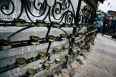  Katmandu Nepal 23 Ağustos 2018 Buda stupa Closeup akşam üst kısmında Swayambhunath alan Kathmandu maymun tapınakta bulunan