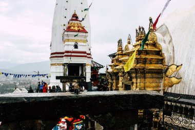  Katmandu Nepal 23 Ağustos 2018 Buda stupa Closeup akşam üst kısmında Swayambhunath alan Kathmandu maymun tapınakta bulunan