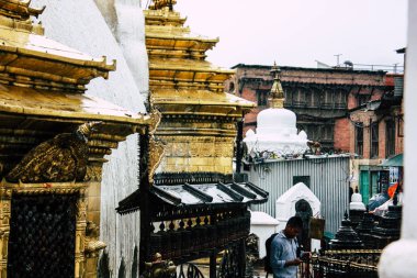  Katmandu Nepal 23 Ağustos 2018 Buda stupa Closeup akşam üst kısmında Swayambhunath alan Kathmandu maymun tapınakta bulunan
