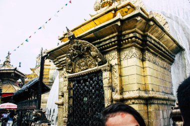  Katmandu Nepal 23 Ağustos 2018 Buda stupa Closeup akşam üst kısmında Swayambhunath alan Kathmandu maymun tapınakta bulunan