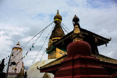  Katmandu Nepal 23 Ağustos 2018 Buda stupa Closeup akşam üst kısmında Swayambhunath alan Kathmandu maymun tapınakta bulunan
