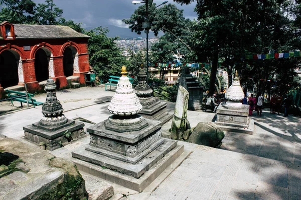 Kathmandu Nepal August 2018 View White Stupa Located Botton Monkey — Stock Photo, Image