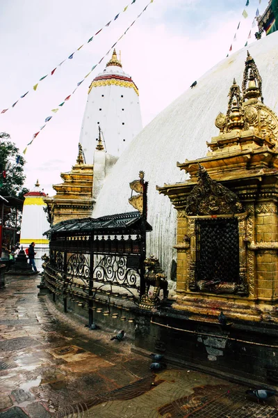 Kathmandu Nepál Srpna 2018 Closeup Buddha Stúpa Umístěným Horní Části — Stock fotografie