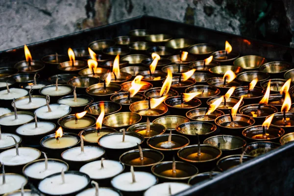 Katmandou Népal Août 2018 Vue Des Bougies Temple Des Singes — Photo