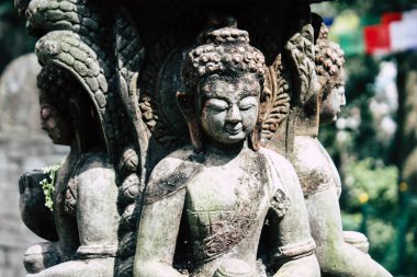 Katmandu Nepal 23 Ağustos 2018 Katmandu Swayambhunath alanında akşam maymun tapınakta Buda surata görünümünü