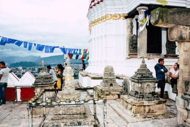 Katmandu Nepal 23 Ağustos 2018 tapınağın görünümünü akşam üst kısmında Swayambhunath alan Kathmandu maymun tapınakta bulunan