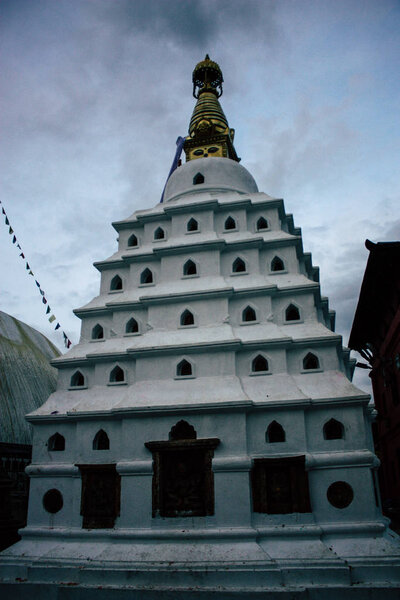 Kathmandu Nepal August 23, 2018 View of the temple located at the top of the Monkey temple in Swayambhunath area in Kathmandu in the evening