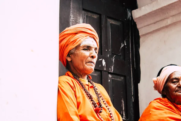 Kathmandu Nepal August 2018 Closeup Unknown Sadhu Orange Clothes Sitting — Stock Photo, Image