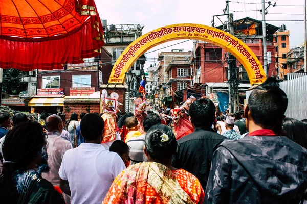 Kathmandu Nepal Sierpień 2018 Widok Niewiadomych Odtwarzanie Muzyki Religijnej Ceremonii — Zdjęcie stockowe