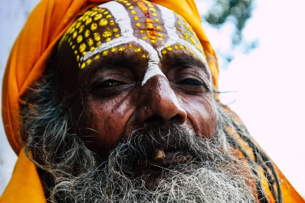 Kathmandu Nepal Setembro 2018 Retrato Sadhu Com Pontos Tinta Rosto — Fotografia de Stock