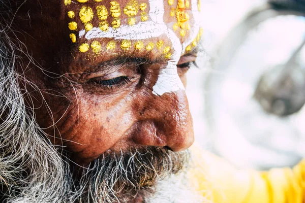 Kathmandu Nepal September 2018 Portrait Sadhu Paint Dots Face Yellow — Stock Photo, Image