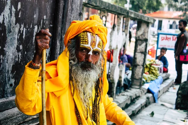 Kathmandu Nepal September 2018 Portrait Sadhu Paint Dots Face Yellow — Stock Photo, Image