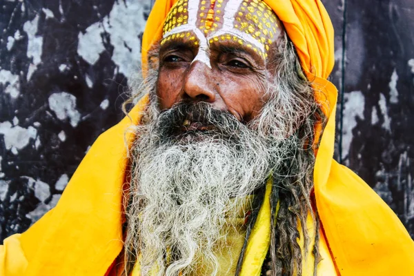 Kathmandu Nepal September 2018 Portrait Sadhu Paint Dots Face Yellow — Stock Photo, Image