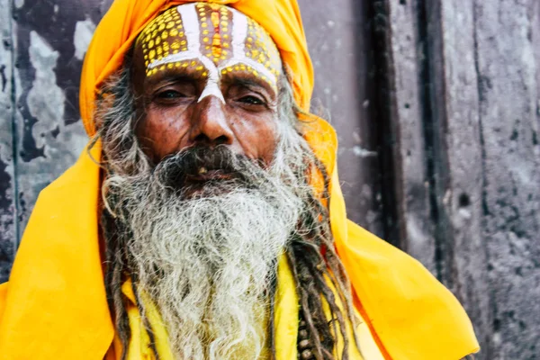 Kathmandu Nepal Setembro 2018 Retrato Sadhu Com Pontos Tinta Rosto — Fotografia de Stock