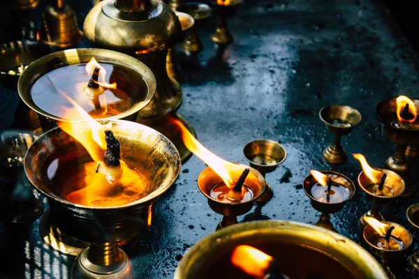 Катманду Непал Вересня 2018 Крупним Планом Палаючих Свічок Передні Храм — стокове фото