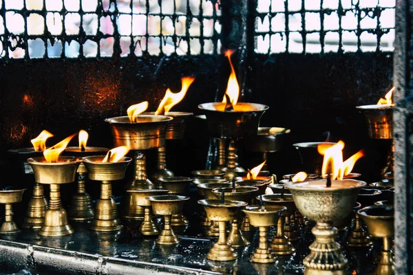 Katmandou Népal Septembre 2018 Gros Plan Bougies Brûlant Devant Temple — Photo