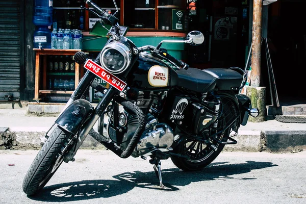 Pokhara Nepal September 2018 Closeup Royal Enfield Motorcycle Parked Streets — Stock Photo, Image