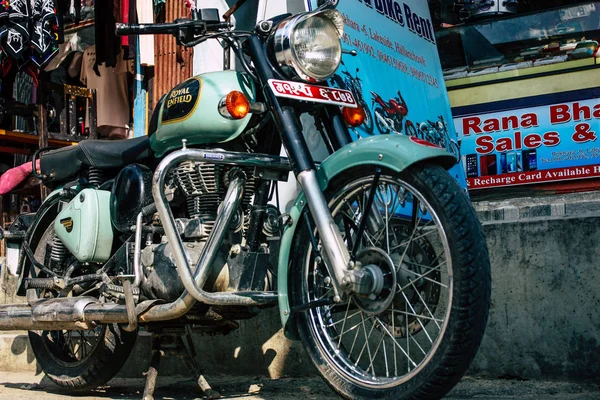 Pokhara Nepal Septiembre 2018 Primer Plano Una Motocicleta Royal Enfield —  Fotos de Stock