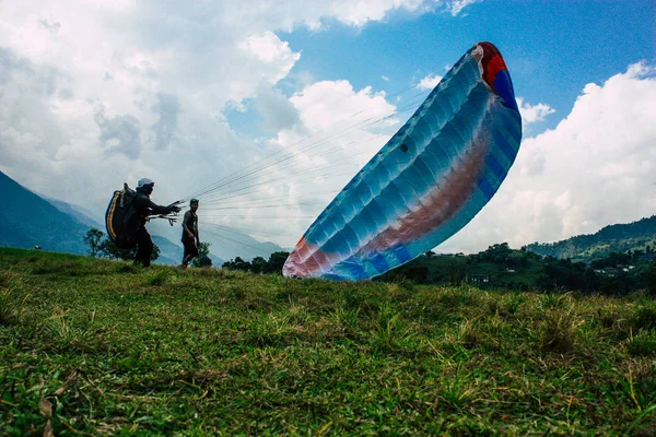 Pokhara Népal Octobre 2018 Vue Pilote Parapente Atterrissant Devant Lac — Photo