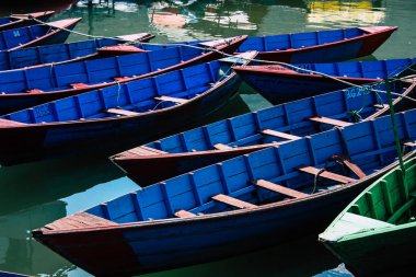 Pokhara Nepal 9 Ekim 2018 renkli ve geleneksel Nepal görünümünü tekne Phewa Gölü Pokhara at sabah