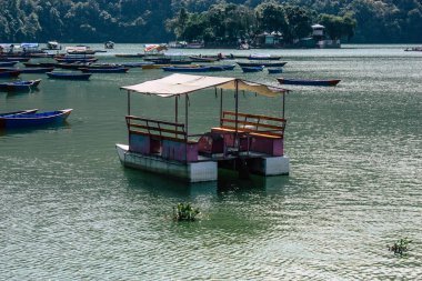 Pokhara Nepal 9 Ekim 2018 renkli ve geleneksel Nepal görünümünü tekne Phewa Gölü Pokhara at sabah
