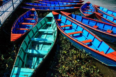 Pokhara Nepal 9 Ekim 2018 renkli ve geleneksel Nepal görünümünü tekne Phewa Gölü Pokhara at sabah