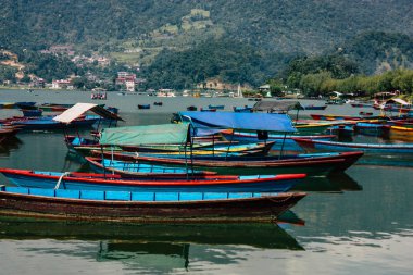 Pokhara Nepal 9 Ekim 2018 renkli ve geleneksel Nepal görünümünü tekne Phewa Gölü Pokhara at sabah