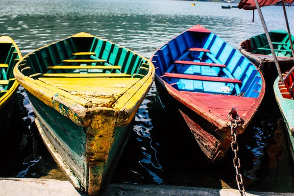 Pokhara Nepal October 2018 View Colorful Traditional Nepalese Boats Phewa Stock Image