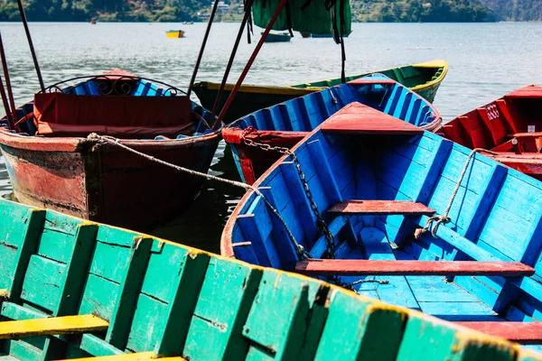 Pokhara Nepal October 2018 View Colorful Traditional Nepalese Boats Phewa Stock Image