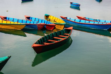 Pokhara Nepal 9 Ekim 2018 renkli ve geleneksel Nepal görünümünü tekne Phewa Gölü Pokhara at sabah
