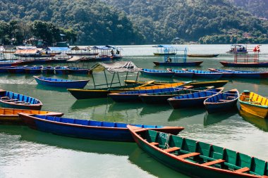 Pokhara Nepal 9 Ekim 2018 renkli ve geleneksel Nepal görünümünü tekne Phewa Gölü Pokhara at sabah