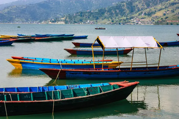 Pokhara Nepal 9 Ekim 2018 renkli ve geleneksel Nepal görünümünü tekne Phewa Gölü Pokhara at sabah