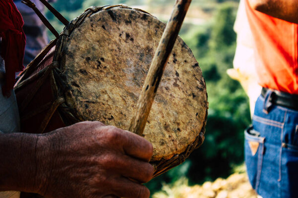 Bandipur Nepal October 16, 2018 View of a unknowns musicians playing in a religious  ceremony in the main street of Bandipur in the afternoon