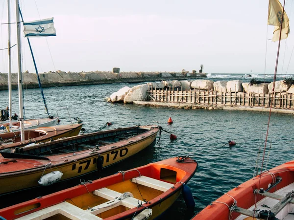 Tel Aviv Yafo Israel Octubre 2018 Vista Barcos Antiguo Puerto — Foto de Stock