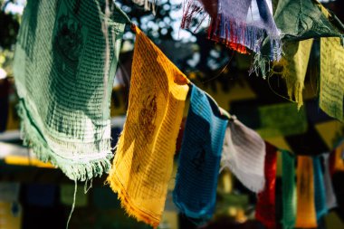 : Lumbini Nepal 2 Kasım 2018 görünümü Tibet bayraklar: Lumbini Kutsal buda Garden öğleden sonra