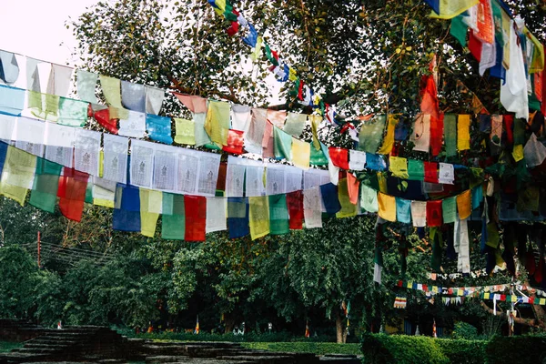 Lumbini Nepal Novembro 2018 Vista Das Bandeiras Tibetanas Jardim Buda — Fotografia de Stock