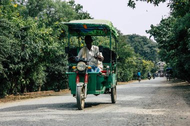 : Lumbini Nepal 3 Kasım 2018: Lumbini Buda Garden bilinmeyenli hacılar öğleden sonra taşıyan bir çekçek görünümünü