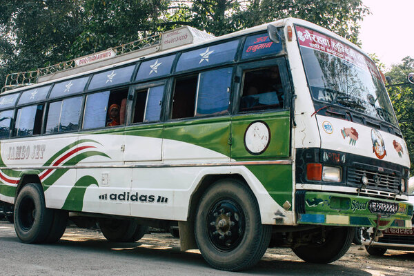 Lumbini Nepal November 3, 2018 View of a traditional Nepalese local bus in the streets of Lumbini in the afternoon