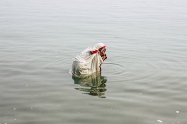 Varanasi India November 10, 2018 View of unknown old Indian woman praying in the Ganges river at Varanasi in the afternoon clipart