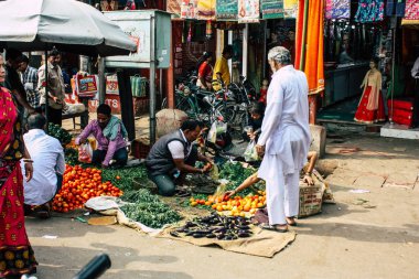 Varanasi Hindistan 11 Kasım 2018 görüntülemek, bilinmeyen Hint satıcının sokak ön tarafta bulunan sebze pazarında Dashashwamedh ghat giriş sabah