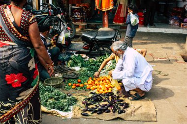 Varanasi Hindistan 11 Kasım 2018 görüntülemek, bilinmeyen Hint satıcının sokak ön tarafta bulunan sebze pazarında Dashashwamedh ghat giriş sabah