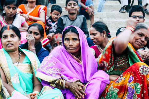 Varanasi India November 11, 2018 View of unknowns Indians people attenting and celebrating Dev Deepavali on the banks of the Ganges river in the afternoon