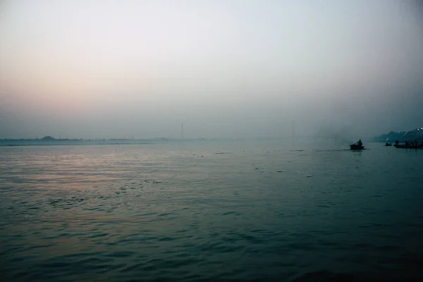 Varanasi Inde Novembre 2018 Vue Lever Soleil Sur Rivière Gange — Photo
