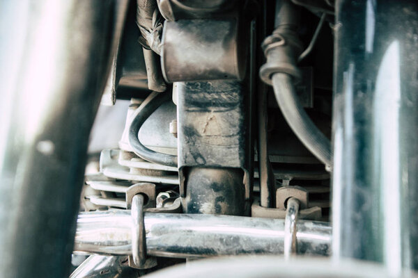 Hampi Karnataka India December 19, 2018 View of a Royal Enfield motorcycle parked in the streets of Hampi in the morning