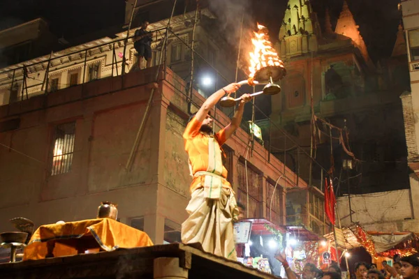 Varanasi India November 2018 Uitzicht Ganges Aarti Ceremonie Bij Dashashwamedh — Stockfoto