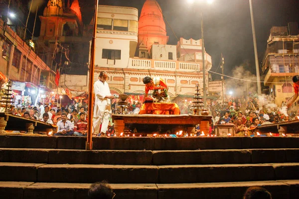 Varanasi Índia Novembro 2018 Vista Cerimônia Ganga Aarti Dashwamedh Ghat — Fotografia de Stock