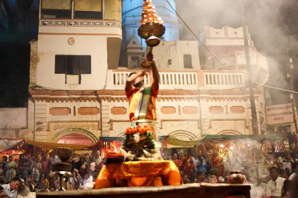 Varanasi Índia Novembro 2018 Vista Cerimônia Ganga Aarti Dashwamedh Ghat — Fotografia de Stock